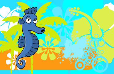 funny seahorse character cartoon background illustration in vector format