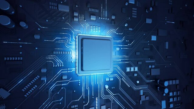 Central Computer Processors CPU concept. Motherboard digital chip. Technological and scientific blue background. Integrated communication processor. 3D animation