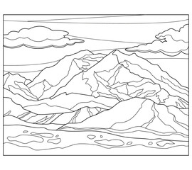 Mountains, lake and trees. Scenery. Coloring book antistress for children and adults. landscape for coloring; mountains and wood; traveling theme. 