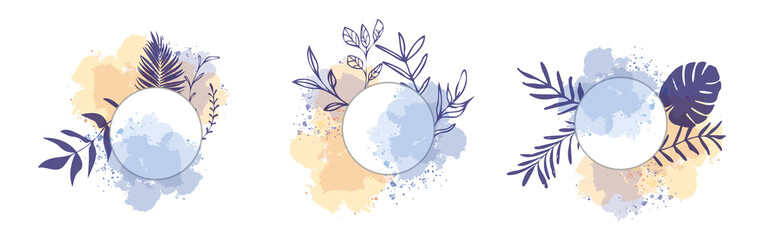 Set of floral frames with different grasses, ferns and leaves. Wreaths with ornaments and watercolor effects. Element design. Vector illustration and minimalistic plant set. Hand drawn.