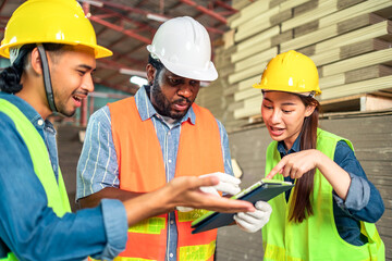 Engineer african man and asian worker wearing safety helmet and vest holding notebook and take note on the paper  warehouse.Products and corrugated cardboard. Factory for the manufacture.
