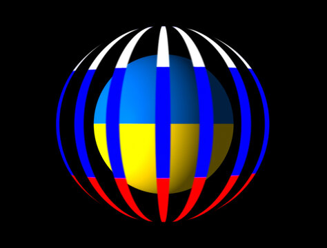 Esfera bandera de Ucrania cercada por bandera de Rusia