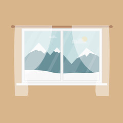 View from the window on a mountain. Winter landscape, snow, sun. Flat cartoon style vector illustration 