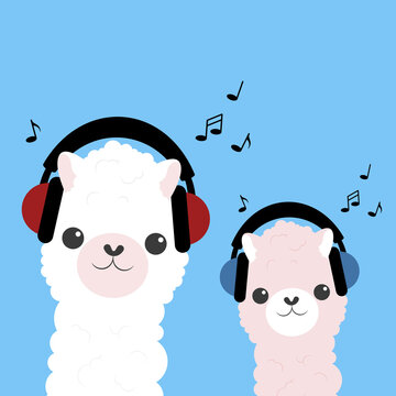 Two cute cartoon llamas with headphones. Animal portrait. Alpaca vector illustration isolated on background