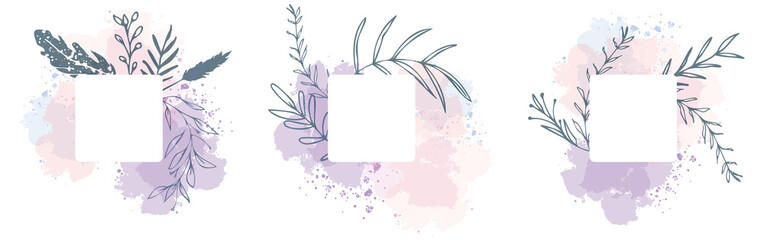 Fototapeta na wymiar Set of floral frames with different grasses, ferns and leaves. Wreaths with ornaments and watercolor effects. Element design. Vector illustration and minimalistic plant set. Hand drawn.