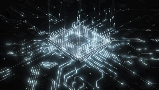 Central Computer Processors CPU concept. Motherboard digital chip. Technological and scientific hud background. Integrated communication processor. 3D animation