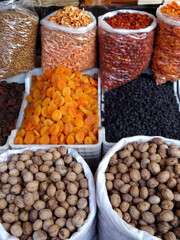 Dried fruits and nuts on a shop at the traditional Sire Han market place in Malatya, Turkey.  