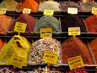 A stall full of spice and tea varieties in the Spice Market  known also Egyptian Bazaar, in Istanbul, Turkey.                 