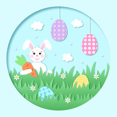Easter card paper cut out concept. Easter Egg Hunt. White rabbit with a carrot on a green lawn. Brightly Easter eggs in the grass and on strings. Template for invitation, banner or card. Illustration.
