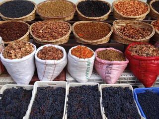 Dried fruits and nuts on a shop at the traditional Sire Han market place in Malatya, Turkey.  