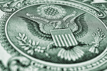 US dollar. Fragment of banknote. Reverse of bill with the Great Seal. The bald eagle is the national symbol. Green tinted illustration. American treasury and treasuries. Economy of the USA
