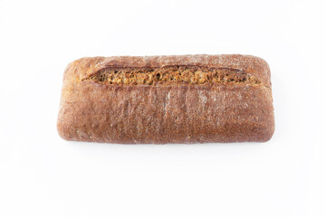 Isolated Artisan sourdough rye bread Ciabatta on white background, horizontal. Rye flour contains a low amount of gluten so that the final loaf will be dense and less elastic. Image for online store.