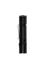 Modern metal LED flashlight in black color. Portable flashlight isolate on a white back