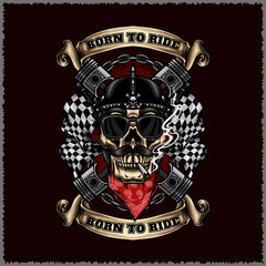 Riders skull head with piston and flag vector illustration