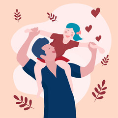 A father carrying his daughter on his shoulders. Flat design for father's day. Fatherly love