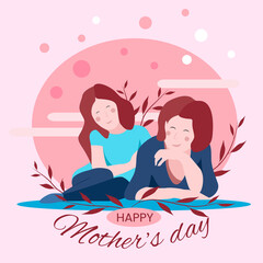 Flat design vector of a mother and daughter lying on the floor smiling and loving. Mother's day