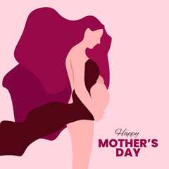 Flat design vector of a pregnant woman holding her belly. Dreaming of her baby. Maternal love