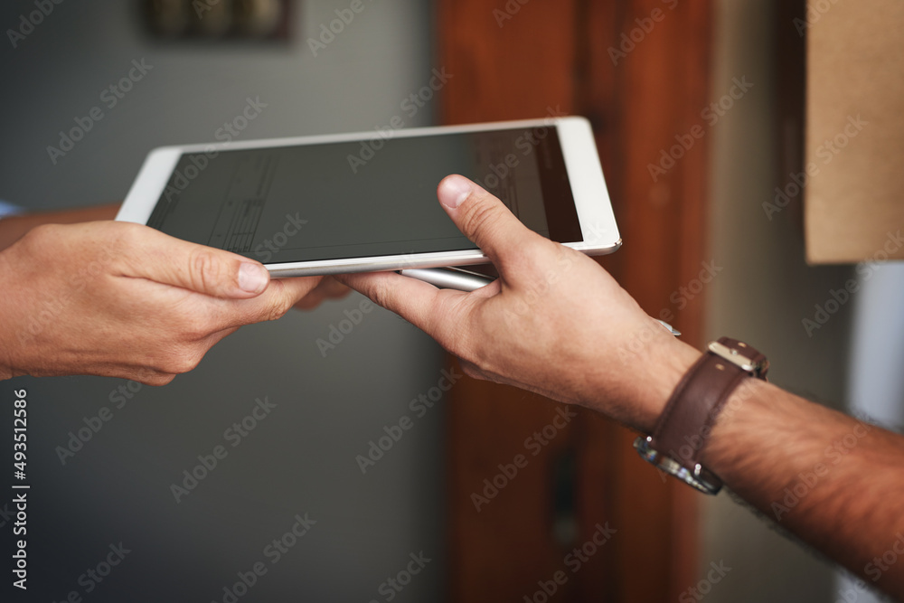 Poster we operate digitally for your convenience. closeup shot of an unrecognizable woman using a digital t