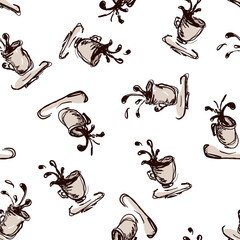 Seamless pattern with flying coffee cups. Hand drawing cartoon texture. Isolated