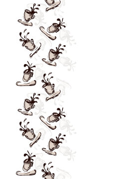 Seamless pattern with flying coffee cups. Hand drawing cartoon texture. Isolated