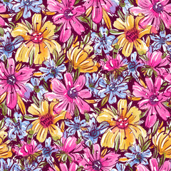 Seamless pattern with bright spring flowers