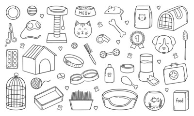 Hand drawn set of Pets shop and veterinary doodle. Supplies and accessories for dogs and cats in sketch style: bowl, toys, collar, food, kennel. Vector illustration isolated on white background.