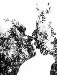 double exposure on the background of trees, people on the background of tree