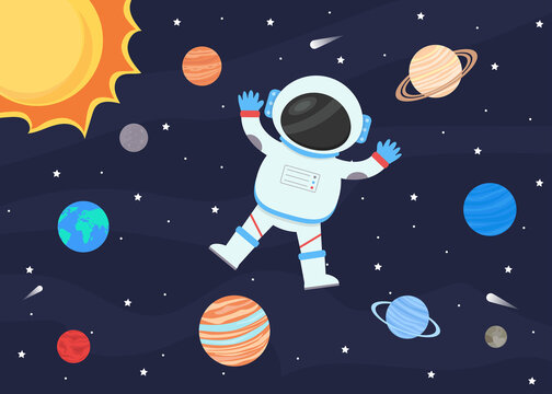 Astronaut in a spacesuit, against the background of the starry sky and the planets of the solar system.