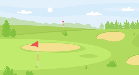 Paysage de parcours de golf d& 39 été, terrain d& 39 herbe verte pour le golf. Drapeau rouge et trou, fairway et bunkers de sable, illustration vectorielle de scène de golf. Pelouse pour activités sportives et de loisirs en plein air