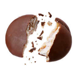 Broken delicious choco pie on white background