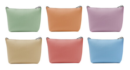 Set with different cosmetic bags on white background. Banner design