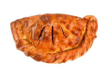 A piece of pie is isolated on a white background.