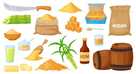 Cartoon brown cane sugar, sugarcane products manufacturing. Sugar cane plant harvest, heap and leaves, rum bottle and barrels vector set. Glasses and snifters with alcohol drink, green plant