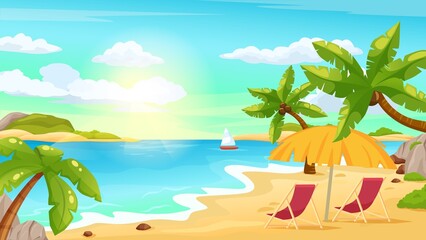 Fototapeta na wymiar Sunny tropical beach landscape with palms, sea and sun umbrella. Summer holiday vacation on exotic island, seashore scene vector illustration. Outdoor resort, cartoon seaside relaxation