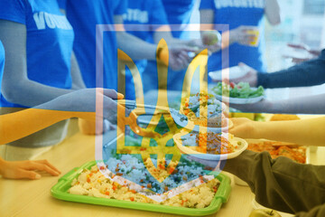 Double exposure of volunteers serving food to refugees and Ukrainian flag, closeup. Help during war