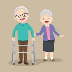cute elderly woman taking care elderly man physical therapy