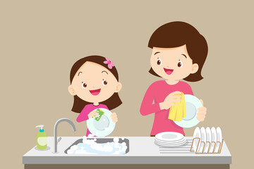 cute little girl washing dish with mother