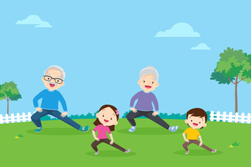 Obraz na płótnie Canvas Elderly and kids doing exercises