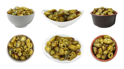 Set with pickled green jalapeno peppers on white background