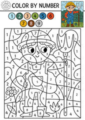 Vector on the farm color by number activity with farmer in the meadow. Rural country scene black and white counting game with farm worker. Coloring page for kids with countryside scene.