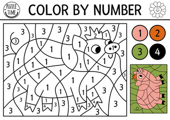 Vector on the farm color by number activity with pig. Rural country scene black and white counting game with farm animal. Funny simple coloring page for kids with countryside scene.