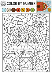 Vector on the farm color by number activity with red barn. Rural country scene black and white counting game with farm house. Coloring page for kids with countryside scene with shed.