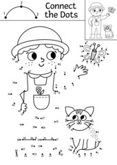 Vector dot-to-dot and color activity with cute farmer and cat. On the farm connect the dots game for children with funny boy. Rural country coloring page for kids. Printable worksheet.