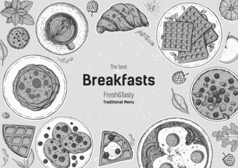 Breakfasts top view frame. Morning food menu design. Breakfast and brunches dishes collection. Vintage hand drawn sketch, vector illustration. Engraved style.