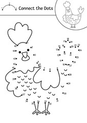 Vector dot-to-dot and color activity with cute hen. On the farm connect the dots game for children with funny farm bird. Rural country coloring page for kids. Printable worksheet.