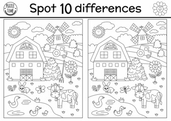 On the farm black and white find differences game for kids. Educational line activity with cute rural village landscape. Countryside scene puzzle or coloring page with field, barn, animals