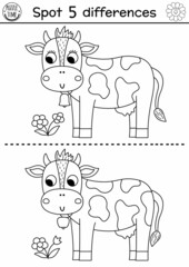On the farm black and white find differences game for children. Educational line activity with cute cow and flower. Rural country puzzle with funny farm animal. Attention skills coloring page.