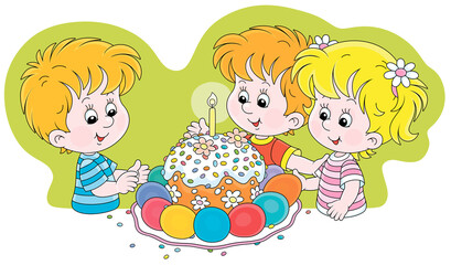 Happy little kids, a traditional holiday cake and colorfully painted Easter eggs, vector cartoon illustration isolated on a white background