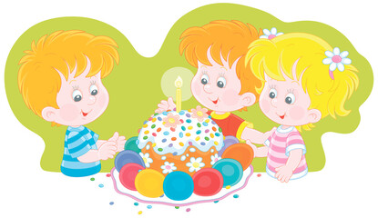 Happy little kids, a traditional holiday cake and colorfully painted Easter eggs, vector cartoon illustration isolated on a white background