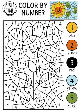 Vector on the farm color by number activity with sundlower. Rural country scene black and white counting game with cute yellow sun flower. Coloring page for kids with countryside scene.